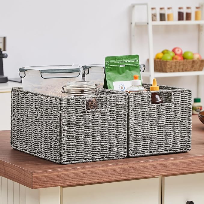 Wicker Storage Basket, Set of 2 Hand-Woven Paper Rope Wicker Basket, Small Storage Baskets for Organizing Toilet Paper Basket, Foldable Large Cube Storage Organizer Bins for Shelves (Grey) - Image 7