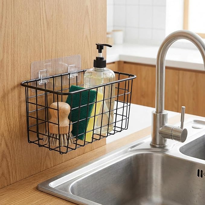 2 Set Adhesive Hanging Wall Basket Inside Cabinet Door Organizer,Wall Storage Basket-No Drilling Adhesive wall Basket for Cupboard Door,Space-Saving Small Hanging Baskets for Wall Mount Storage,Black - Image 7