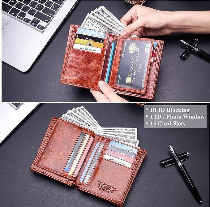 BULLCAPTAIN Large Capacity Genuine Leather Wallet for Men QB-027 | Bifold Wallet,RFID Blocking,Credit Card Holder,15 Card Slots,Special Expandable Design,gift choice - Image 3