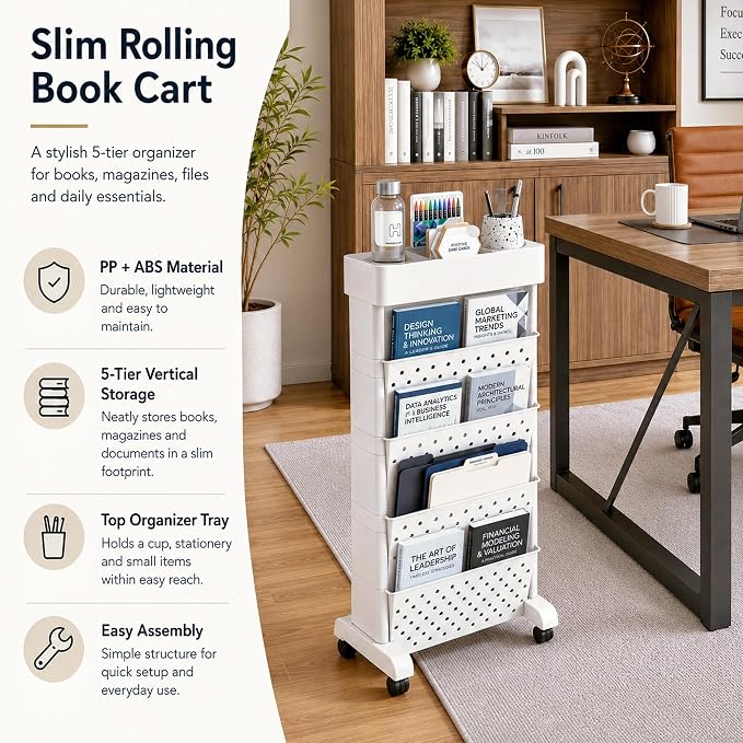 BYFU 5-Tier Movable Bookshelf Cart, 26.0" H, White | Rolling Wheels, File Paper Storage Organizer, Mobile Bookcase, For Home Office Study Classroom - Image 4