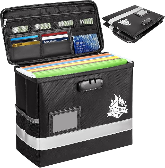 BALEINE Fireproof Document Box with Lock, Portable Fireproof Document Bag Waterproof Fire Proof File Boxes for Documents, File Organizer Box for Important Paperwork (Black, 12.5''x10.5''x6'') by BALEINE