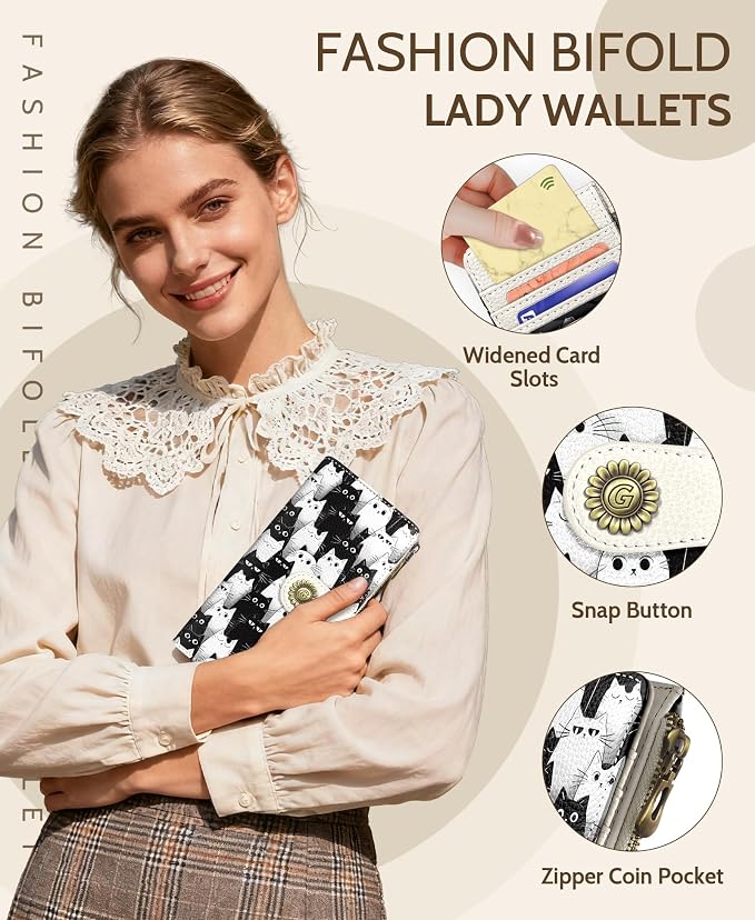 GIANCOMICS White Black Cat Womens Wallet RFID, Credit Card Holder Bifold | Billfold, Cute Cash Purse, Travel Zipper Coin Pocket, Compact Clutch, PU Leather, ID Window, 11 Card Slots, Ladies Gift Woman - Image 6