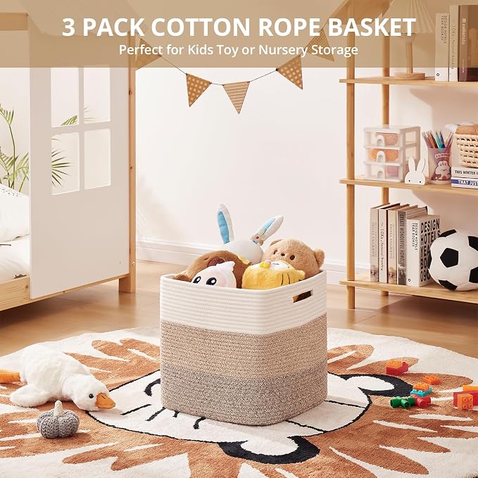 OIAHOMY 13 Inch Cube Storage Bins, 3-Pack Cotton Rope Woven Baskets for Organizing, Insert Storage Baskets for Shelves, Baby Nursery, Closet Organizer, 13 * 13 * 12.6IN, Gradient Brown - Image 4