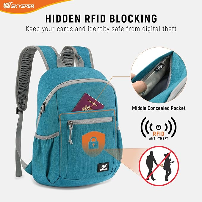 SKYSPER Anti Theft Hiking Backpack, 18L RFID Packable Travel Daypack, Lightweight Foldable Back Pack for Walking Daytrip - Image 2