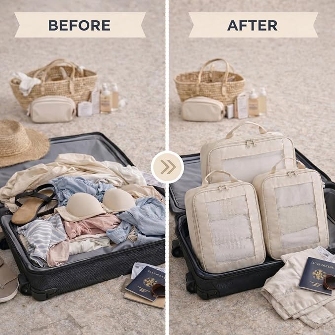 G-FORCE 3PC Compression Mesh Mid-Rectangular Packing Cube Set Stone Color | Space Saver Travel Organizer | Luggage Compression Cubes - Image 7