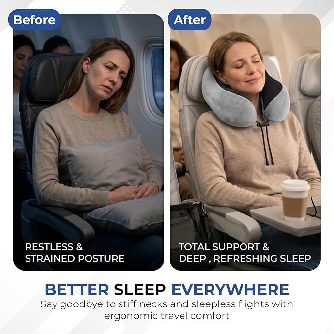 Travel Neck Pillow, Premium Memory Foam, Travel Pillow for Flights, Neck Pillow for Travelling, Ergonomic Neck Support Cushion, Lightweight & Washable Cover (Gray - U Shape) - Image 5