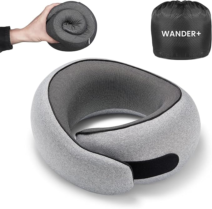 WANDER+ Plus Travel Neck Pillow, Pure Memory Foam Neck Pillow for Airplanes, Comfortable Breathable Cover, 360 Degree Support Ergonomic Design Best for Sleeping Plane Train Travel Essentials Max Grey by WANDERPLUS