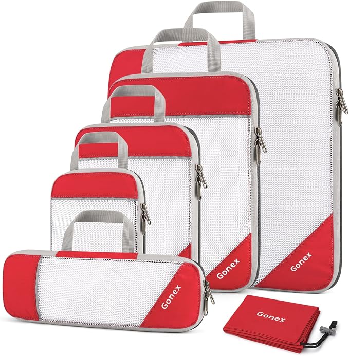 Gonex Compression Packing Cubes for Travel, Mesh Bags Luggage Organizers | Set of 4/5/6/7/10 for Essentials, Extensible, Fits 20"Carry-on Suitcases, See-through Mesh, Double Zipper Compression by Gonex
