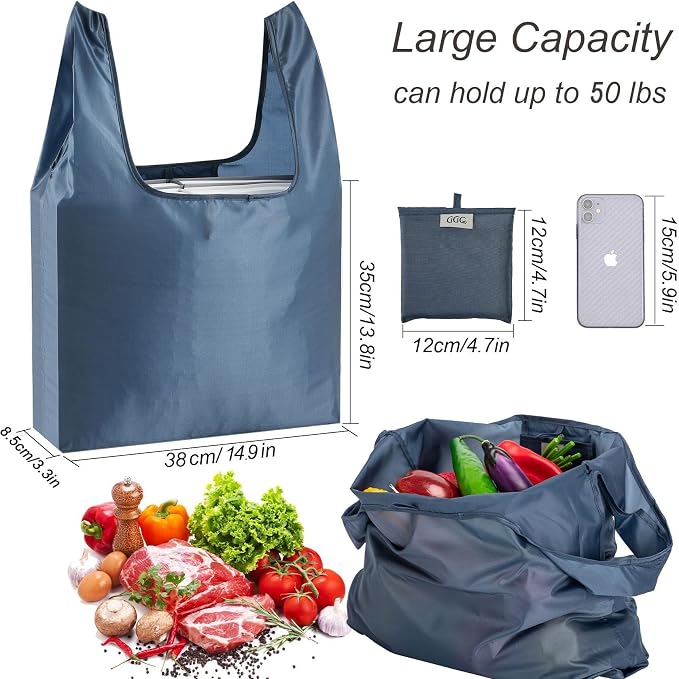 Large Reusable Bags Shopping Washable Foldable 6 Pack Grocery Bags Heavy Duty Lightweight Folding Gift Tote Bags Durable Polyester Gray - Image 3