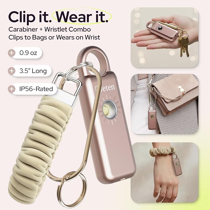 Personal Safety Alarm Keychain for Women, 130dB, LED Light, Metallic Rose | USB-C Rechargeable, Bottom Speaker Siren, Wristlet and Carabiner Clip, Weatherproof, Low Battery Alert - Image 5