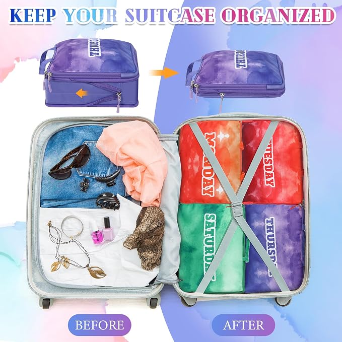 Paterr 7 Pcs Days of Week Packing Cubes for Travel Compression Packing Cubes for Kids Summer Camp Daily Outfit Suitcase Organizers Zippered Storage Bag for Cruise Vacation Essentials(Multicolor) - Image 4