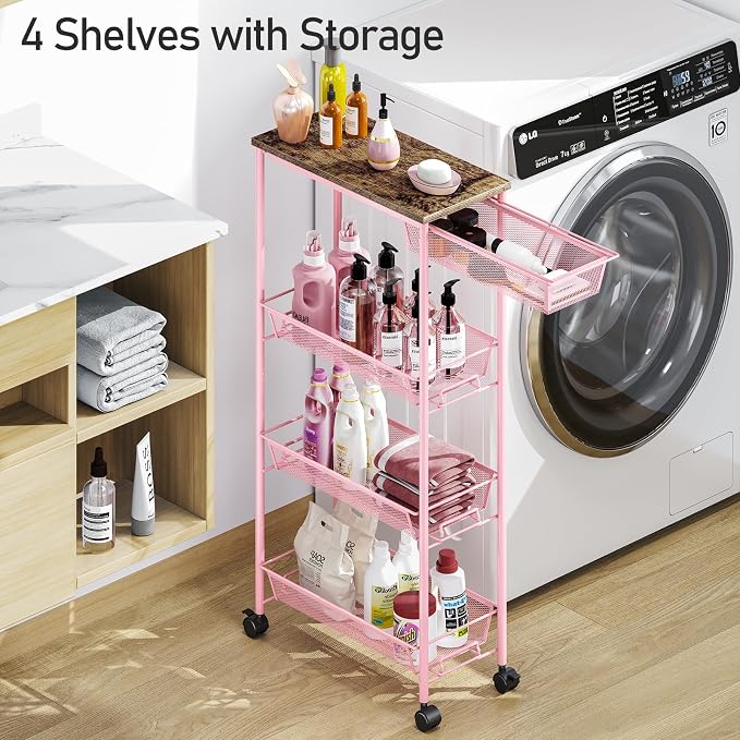 KINGRACK 4-Tier Slim Storage Cart, Metal Rolling Cart, Organizer with Wooden Tabletop and Drawer Basket, Mobile Shelving Unit for Kitchen, Bathroom, Laundry Room, Pink - Image 4