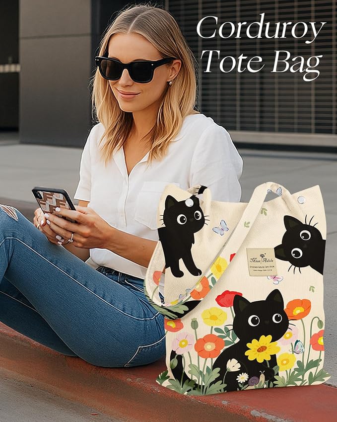 Miss Adola Corduroy Tote Bag for Women with Aesthetic Design | Magnetic Buckle & Pocket, Reusable, Soft, Roomy, Long Shoulder Handles, Double-sided Print, Casual Daily Work, Grocery Bags - Image 6