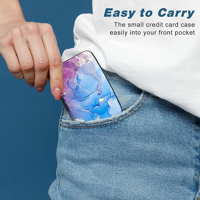 Credit Card Holder, Mini Aluminum Card Wallet RFID Blocking Slim Metal Hard Card Case for Women Men, Blue Purple Marble - Image 7