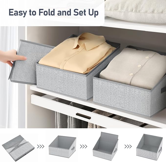DIMJ Closet Storage Bins 10 Pack - Fabric Trapezoid Closet Organizer Bin, Foldable Storage Baskets for Shelves, Closet Shelf Organizer, Clothing Storage Box for Toys, Books, Towel, Clothes, Gray - Image 5