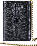 STEELLION Men's Trifold Wallet, Cowhide, 13 Card Slots, ID Window, RFID | Croc-embossed cowhide with a removable chain; practical organization for office, travel, and everyday carry (Black) by STEELLION