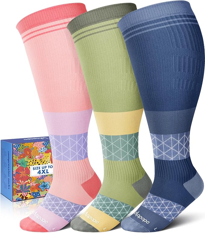 3-Pair Wide Calf Compression Socks for Women | 20-30mmHg Graduated Support, Easy On & Off, Knee High Length, Ankle Support, Travel Nurse Daily Wear, Cute Patterned by Lalapapa
