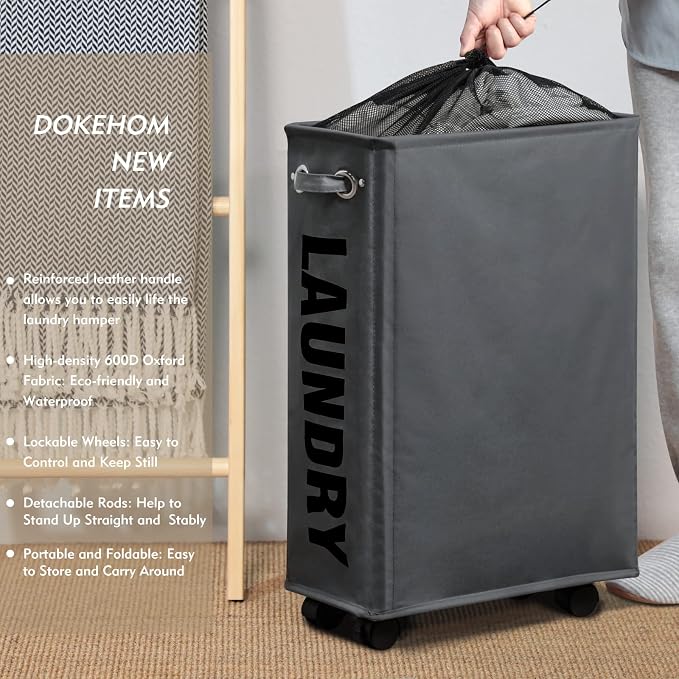 DOKEHOM 25" Slim Rolling Laundry Basket Hamper, Narrow on Wheels, Grey | Collapsible narrow laundry hamper with mesh drawstring closure. Foldable corner clothes storage bin for small spaces - Image 2