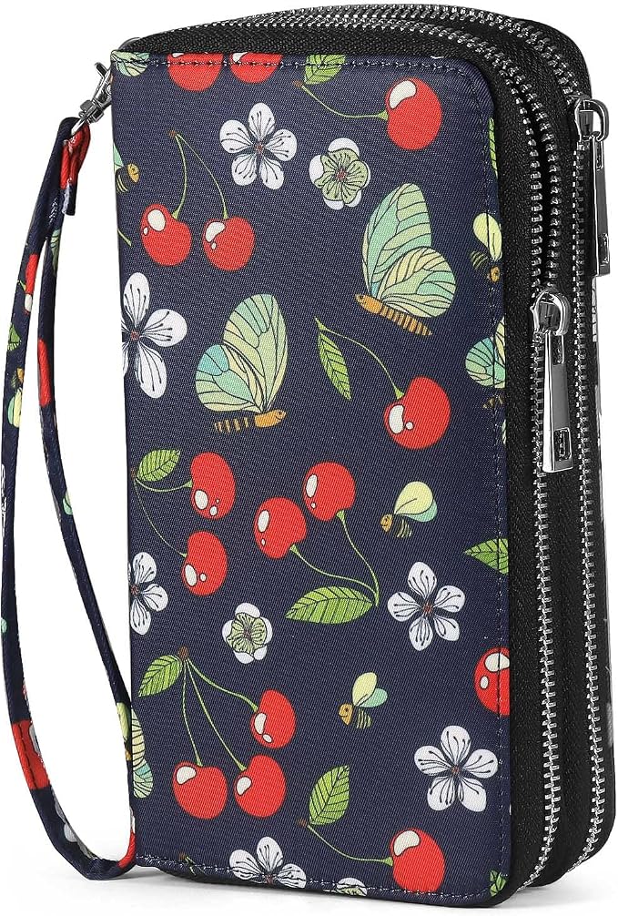 RFID Blocking Cellphone Wallet for Women with Wrist Strap, Double Zipper Travel Clutch Purse Large Capacity, Cherry by HAWEE