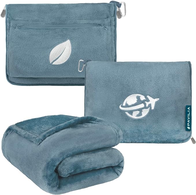 PAVILIA Travel Blanket and Pillow, Arms Opening Airplane Blankets for Adults, Compact Plane Blanket with Arm Hole 2-in-1 Bag for Flight Car Camping Fit in Luggage Backpack Traveler Gift, Blue by PAVILIA