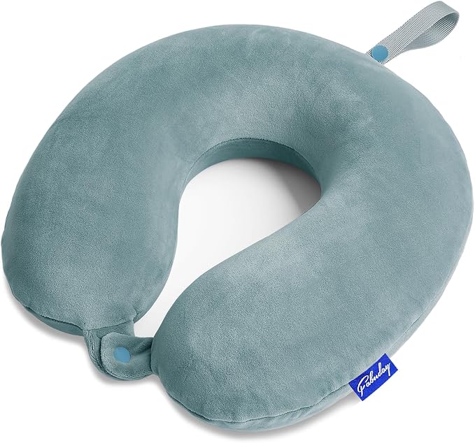 Travel Neck Pillow Memory Foam for Airplane Traveling Gray Blue | Travel Neck Flight Pillow with Attachable Snap Strap Soft Washable Cover for Car, Home, Office, Head Neck Support by Fabuday