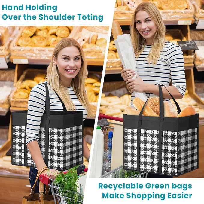 WOWBOX Reusable Grocery Bags, Foldable Reusable Shopping Tote Bags | 6-Pack Large Storage Bags bulk with Reinforced Handles and Water Resistant Coating for Groceries,Multipurpose,Black-White - Image 2