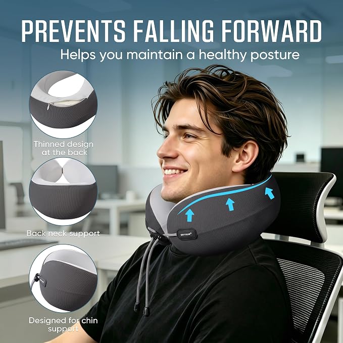 SKYTRAX COMF® Premium Ergonomic Memory Foam Travel Neck Pillow, Washable Cooling Ice Silk Cover, Firm Neck Support for Airplane Long Flights & Pain Relief, with Portable Carry Case (Grey) - Image 3