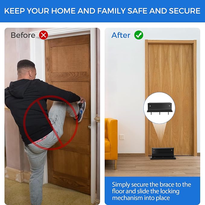 Lock Door Brace,Double Safety Protection French Security Door Brace,Residential Door Lock Barricade,Black-Door Barricade Security Lock Door Brace Fits Blemished Door, Standard Doors, French Doors - Image 2