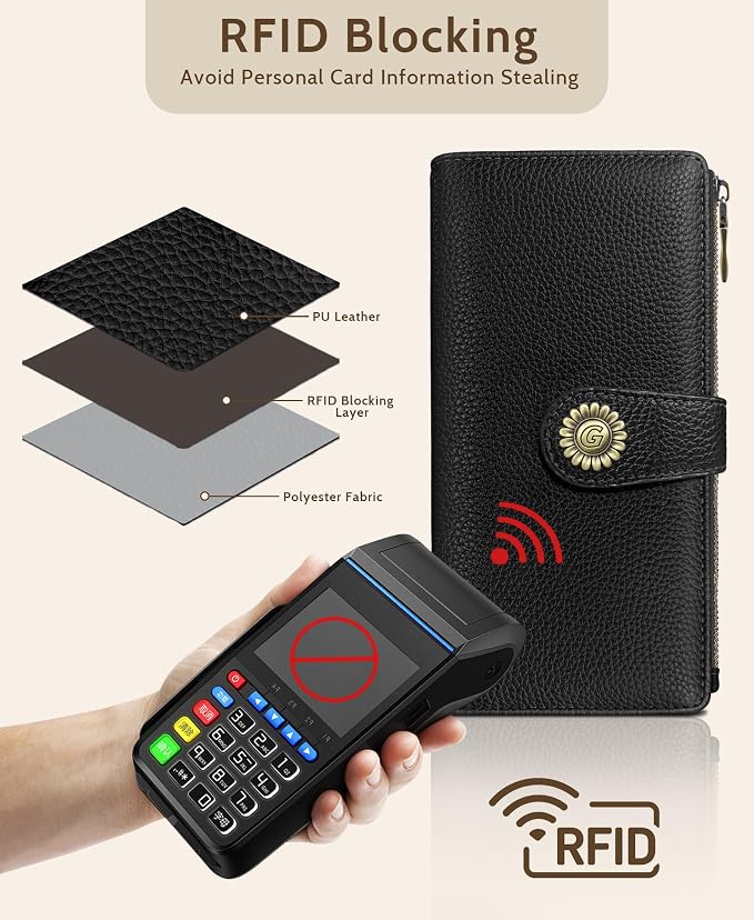 GIANCOMICS Black Womens Wallet RFID Blocking Long Credit Card Holder Bifold | Billfold, Cute Cash Purse, Travel Zipper Coin Pocket, Compact Clutch, PU Leather, ID Window, 11 Card Slots, Ladies Gift Woman - Image 4