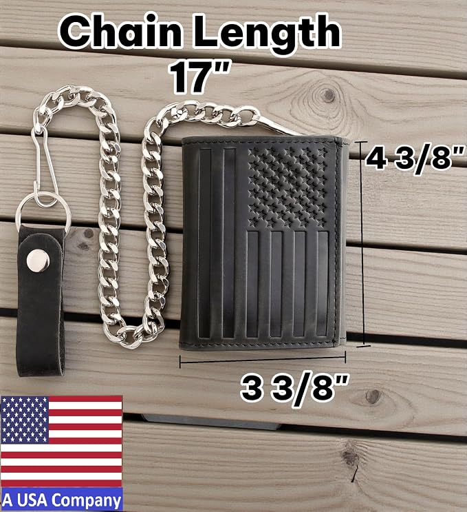 F&L CLASSIC RFID Blocking Men's Tri-fold Vintage Biker Cowhide Leather Steel Chain Wallet,Snap closure, black, flag,315-200 - Image 2