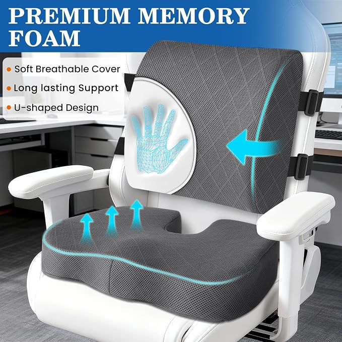Back&Seat Cushion, Chair Cushions, Lumbar Back Support Pillow, Grey/Large | Breathable Memory Foam Back Support Pillow, Portable Airplane Seat Cushion for Travel, Computer Desk, Wheelchair, Driving - Image 3