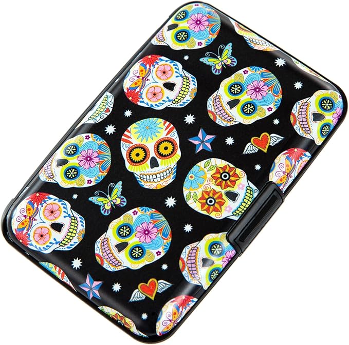 Credit Card Holder, Metal Card Wallet RFID Blocking Mini Slim Aluminum Business Hard Card Case for Women Men (Butterfly Sugar Skulls) by Kaabao