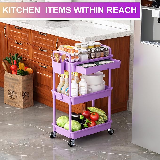 Goovilla 3 Tier Rolling Utility Cart Organizer with Removable Drawer,Purple | Stable and Sturdy Rolling Storage Carts with 2 Lockable Wheels for Bathroom, Kitchen, Snack, Craft, Makeup, Baby Essentials - Image 7