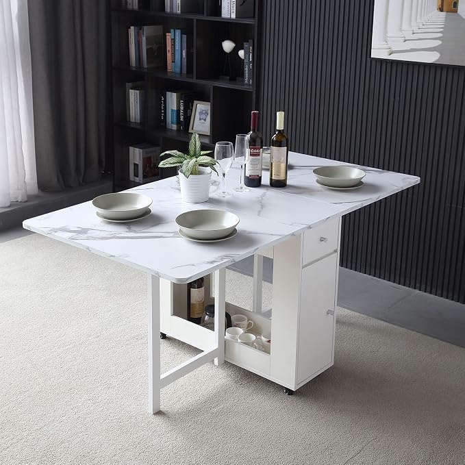 Folding Dining Table with Storage, Kitchen Table for Small Spaces | Foldable, Drop Leaf, Movable, 4 Wheels, Space Saving, Extendable, Marble Texture Top, for Apartment Kitchen Living Room White - Image 2