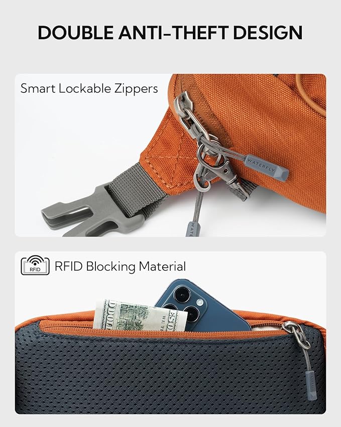 WATERFLY Small Fanny Pack RFID Blocking Travel Hiking Crossbody Waist Bag | Anti-theft design, Water resistant, Lockable zipper, Hidden rear pocket, Lightweight hip belt bag, EDC Running, Cycling, Gym - Image 5