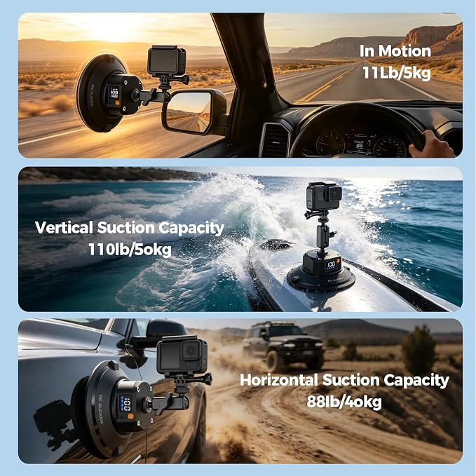 4.5" Electric Vacuum Suction Cup Camera Mount, 1/4" Thread Heavy-Duty Car Windshield Mount with Ball Head, 110LB Load for GoPro, Action Camera, Phone & DSLR Vlogging - Image 3