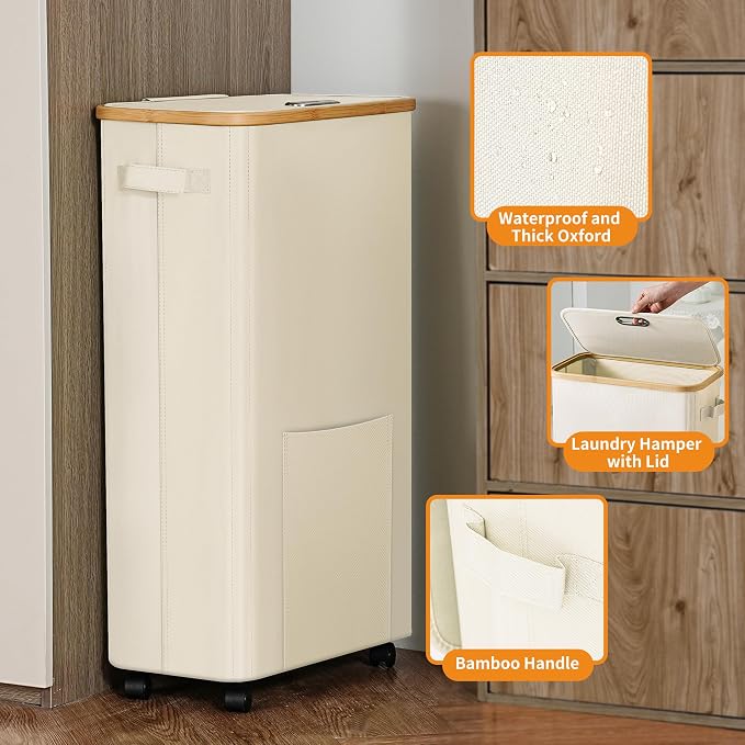 Laundry Basket with Wheels, Dirty Clothes Hamper on Wheels, Rolling Tall Laundry Hamper with lid for Laundry Room, Dorm and Bathroom, 75L Beige - Image 3