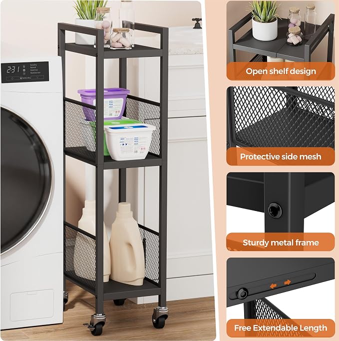 3-Tier Expandable Storage Shelving Unit,Slim Storage Cart,Metal | Adjustable Width 8.3" to 12.6", Bathroom Shelves, Narrow Shelf,Rolling Utility Cart, for Laundry, Bathroom,Small Spaces Black - Image 6