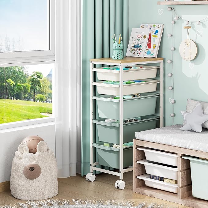 KINGBOARD Slim Rolling Cart with 5 Drawers, Metal Utility Storage Cart | Wooden Tabletop, Lockable Wheels, Table Side Trolley for Bedroom, Children's Room and Office Organization, Green - Image 5