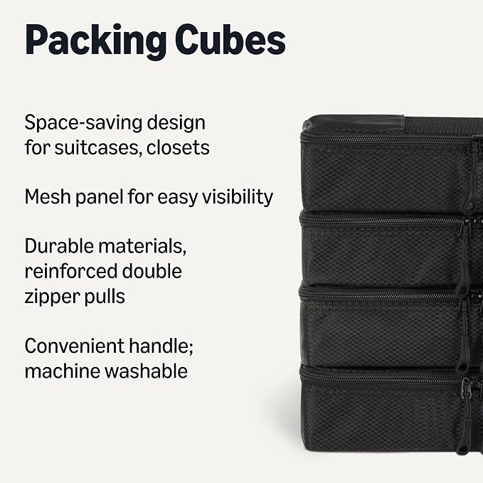 Amazon Essentials 4-Piece Packing Cubes Travel Accessories Set, Luggage Organizer with Double Zipper, Mesh Top, Space-Saving, Slim, Black (Previously Amazon Basics) - Image 2