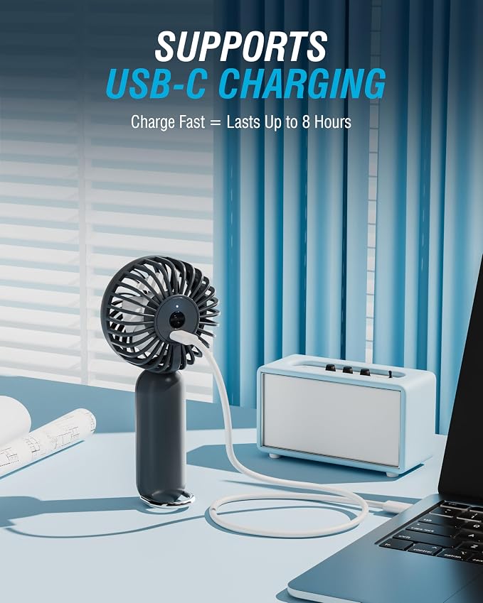 SABRENT ChillyPop Mini Rechargeable Personal Fan, USB-C, Grey | Lightweight quiet cooling; rechargeable USB-C; pocket-sized; travel & makeup fan; grey - Image 5