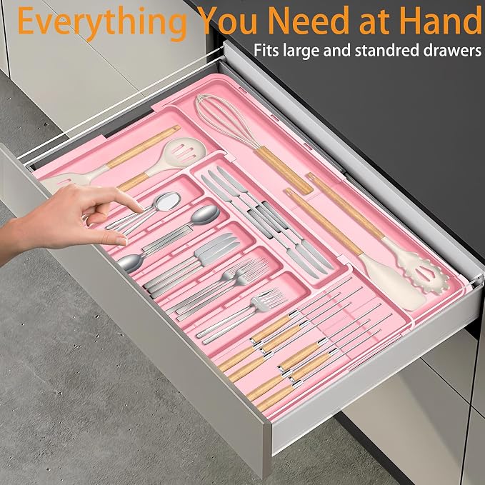 Homecor Silverware Organizer - Expandable Large Kitchen Drawer Organizer Utensil Organizer with 2 Knife Block Inserts, 22"x 19"Cutlery Tray with Drawer Dividers for Kitchen Flatware (Pink) - Image 9