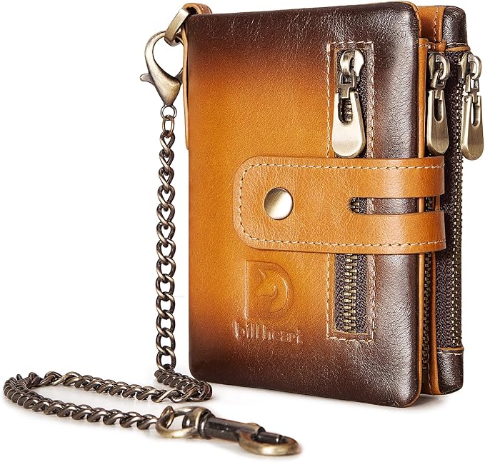 Genuine Leather Mens Wallet with Chain, RFID Blocking Biker Bifold Wallet with Anti-Theft Chain by bill+heart