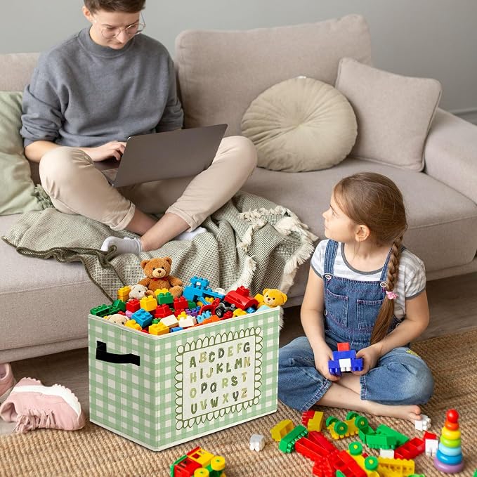 Dinosaur Alphabet Classroom Storage Bins Box with Handles Organizer Basket | ABC educational foldable basket for organizing, green gingham collapsible toys clothes for nursery bedroom playroom, 10x14 in - Image 4