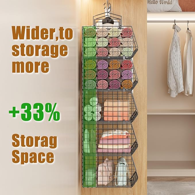 Capacity Upgrade Edition Deeper 4'' 5 Tier Foldable Hanging Closet Organizer and Storage，Wire Cabinet Shelves and Rack with 5 S Hooks,Stackable Metal Basket Bins for Clothes Shoe Purse,Black - Image 5