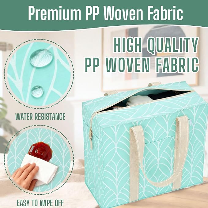 VENO 2 Pack Utility Tote Reusable Grocery Bags with Zipper & Hard Bottom | Heavy Duty Foldable Water-Resistant Shopping Bags for Summer Beach, Pool, Picnic & Travel Carry-on (Evergreen, 2 Pack) - Image 8