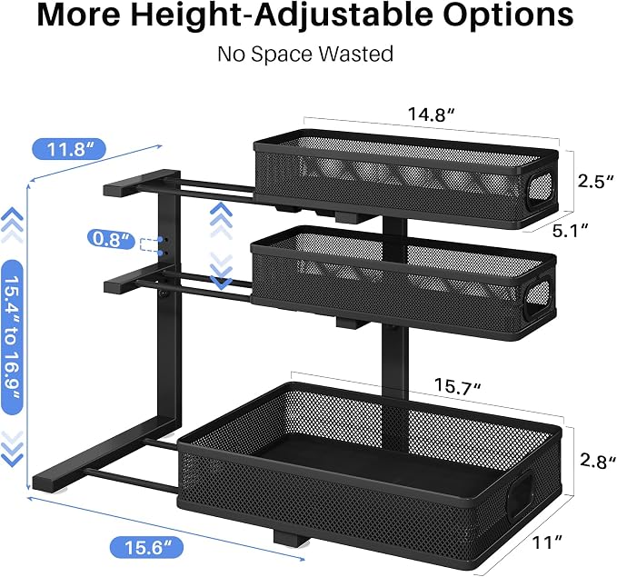 Under Sink Organizer, 3-Tier Thickened Metal Pull out Cabinet Organizer Shelf, Height Adjustable Slide out Storage Drawer Rack for Kitchen Bathroom Pantry Laundry Home Organization, 1-Pack, Black | 35% Extra Storage Capacity, Carbon Steel, Hold Up 55lb... - Image 9