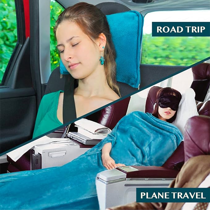 PAVILIA Travel Blanket and Pillow, Arms Opening Airplane Blankets for Adults, Compact Plane Blanket with Arm Hole 2-in-1 Bag for Flight Car Camping Fit in Luggage Backpack Traveler Gift, Teal Blue - Image 6