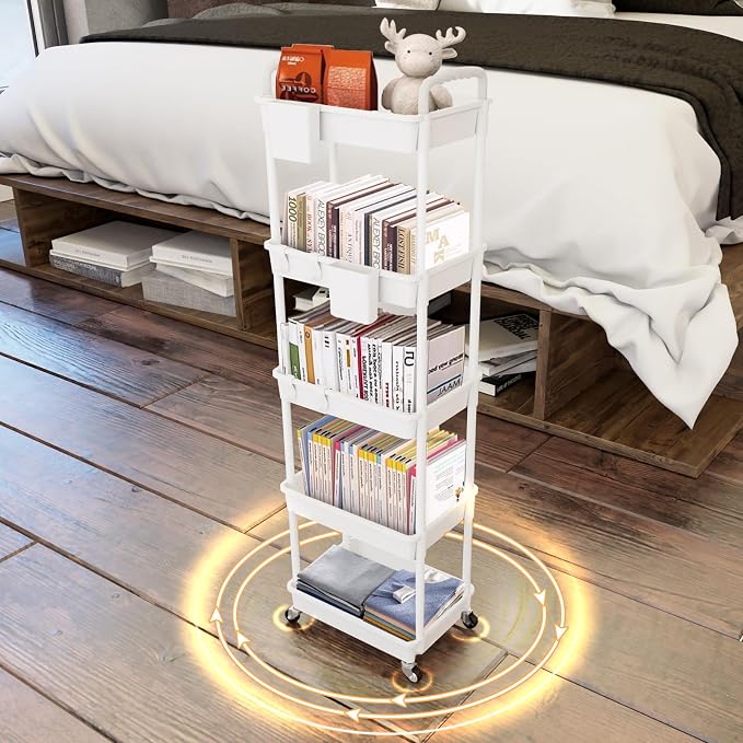 5 Tier Rolling Utility Cart with Handle,REBECAT Utility Cart Made of Multifunctional Storage Organizer Tool for Kitchen,Bathroom,Living Room,Office(White) - Image 3