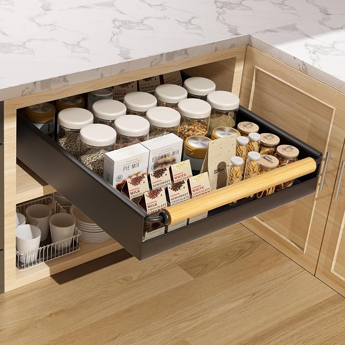 Pull Out Cabinet Organizer, 15.3'' Deep Expandable Slide Out Cabinet Organizer Fixed with Adhesive Nano Film, Slide Out Drawers Pull Out Tray for Cabinet in Kitchen, Pantry, Bathroom, Black by Upesitom